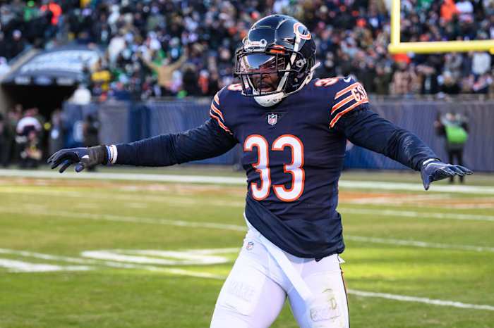 Chicago Bears cornerback Jaylon Johnson (33) celebrates a pass breakup in the fourth quarter against the Philadelphia Eagles at Soldier Field.